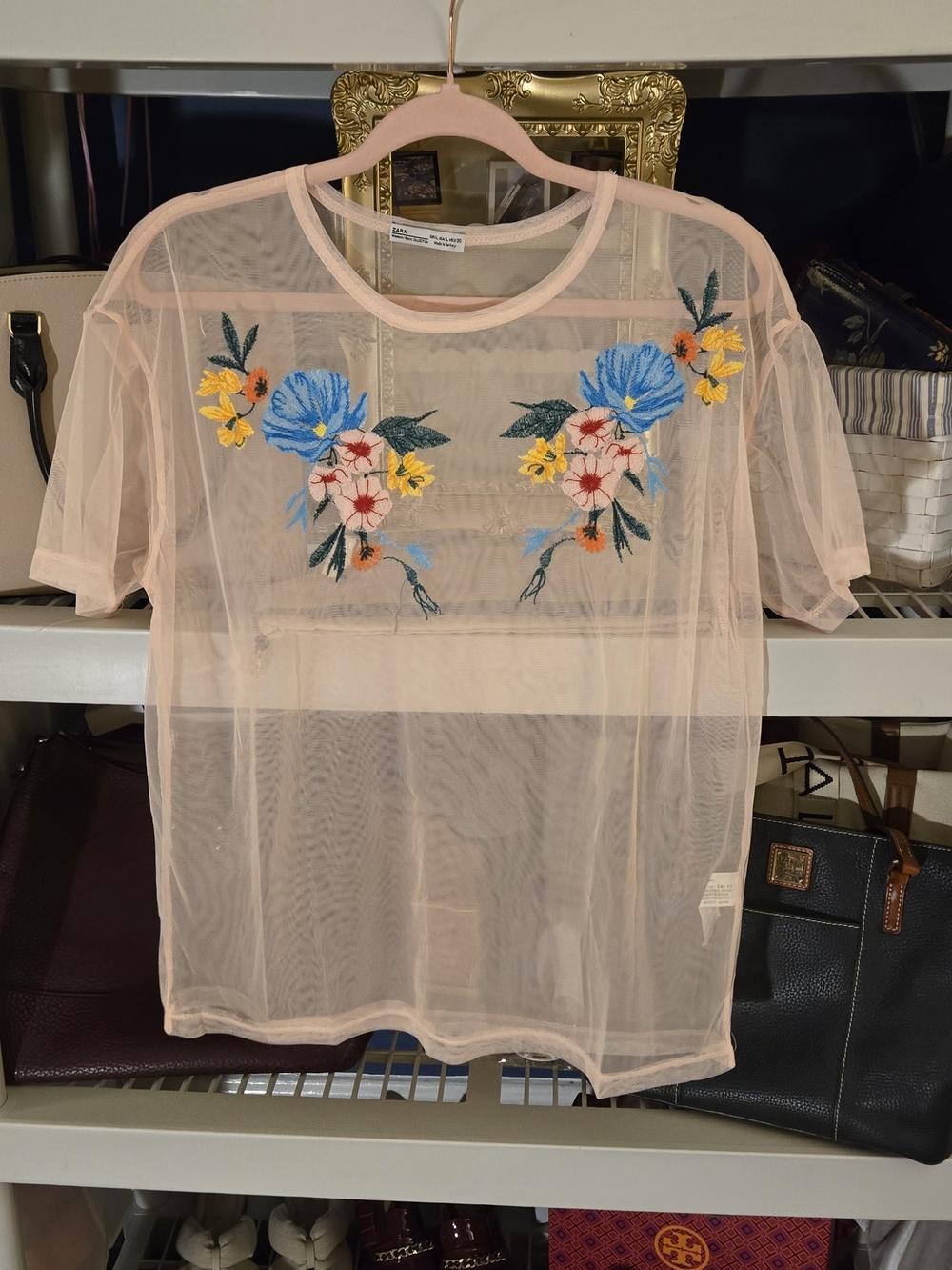 Zara Sheer Pale Pink Embroidered Floral Short Sleeve Tee